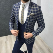 Navy Blue Checkered Suiting Fabric for Blazers & Formal Wear