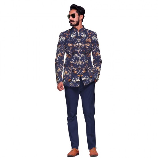 Blue Floral Metallic Pattern Bandhgala Suiting Fabric