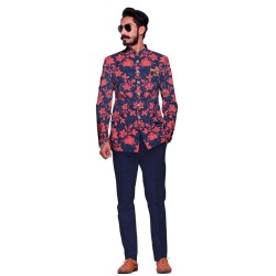 Blue & Peach Floral Bandhgala Ethnic Suiting Fabric