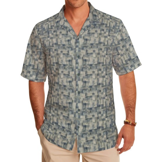 Blue Grey Abstract Block Print Casual Shirt Fabric
