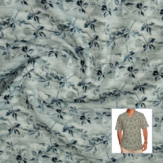 Sky Blue Mini Leaf Print Casual Shirt Fabric