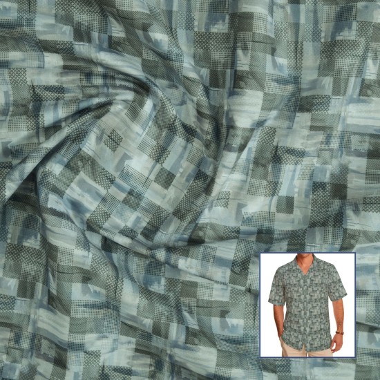 Blue Grey Abstract Check Casual Shirt Fabric